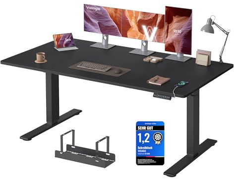 VASAGLE Höhenverstellbarer Schreibtisch, 160 x 80 cm, USB-C-Anschluss | Schreibtisch, Ablage für Steckdosenleiste, 3 Speichertasten, Erinnerung bei langem Sitzen, tintenschwarz LSD146BZ02