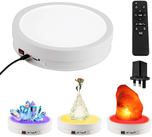 JOJOCY Rotating Display Stand 22cm with 6 Color LED Light, 20kg Load Electric Photography Turntable Platform 360 Degrees for Jewelry Glass Crystal Spherical Artwork (White UK)