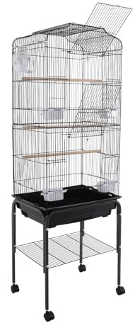Vogelvoliere mit Rollen Großer Vogelkäfig Metall Vogelbauer mit 2 Türen, inkl. 3 Holzstangen, Futternapf, Vogeltränke und Schmutzwanneneinsatz,47 x 37 x 137.5 cm (Schwarz)