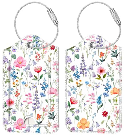 FINTIE Étiquettes à Bagages, Étiquettes de Valise - Lot de 2 | Porte-étiquetes avec Câble en Acier Inoxydable et Fenêtre d'Identification, pour Sac de Voyage, Fleur de Rêve