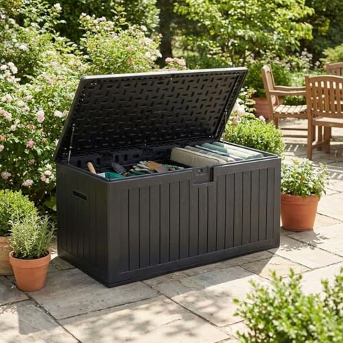 Azuma 550L Outdoor Garden Storage Box with Lockable Lid, Gas Lift Hinges & Divider, Large Weatherproof Plastic Deck Box for Cushions, Tools, Toys, Mowers, Compost & Patio Accessories