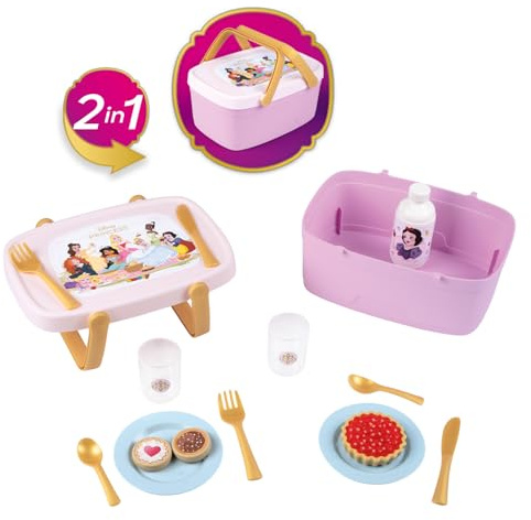 Smoby – Disney Prinzessinnen 2-in-1 Picknickkorb – Lässt Sich in einen Beistelltisch verwandeln – 14 Zubehörteile inklusive – Ab 3 Jahren