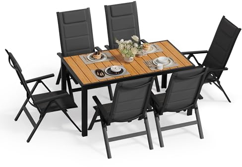 JUMMICO Gartenmöbel Set, 6 stühle Klappbar mit 1 Tisch, 5-Fach Verstellbarer Aluminium Sessel und Einer Tischplatte in Holzoptik, Wetterfestes Terrassenmöbel für Balkon und Garten