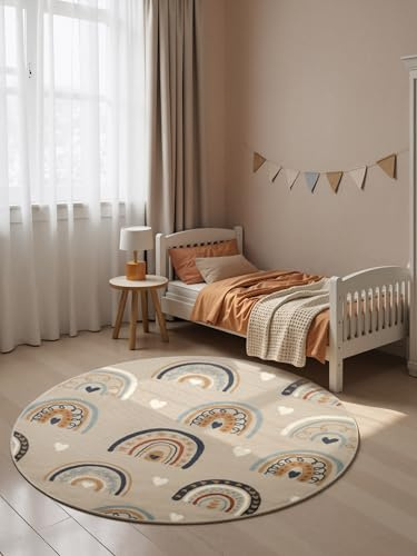Hanse Home Adventures Kinderteppich Rund Bowie - Kinderzimmerteppich Regenbogen, Herz Motive, Bogen, Spielteppich Bunt, Junge, Mädchen, Teppich Kinderzimmer, Wohnzimmer - Beige Mulitfarben, Ø160cm