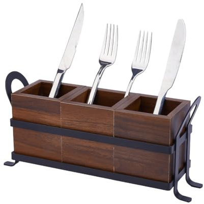 DICOSMETIC 3 Fächer Küchenutensilien Halter Aus Holz Besteck Aufbewahrungsorganizer Mit Schwarzer Metallschale Messer Gabel Und Löffel Halter Bestecke Utensilien Arbeitsplatte Für Silberbesteck Spatel
