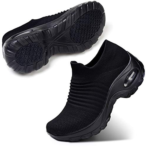 STQ Zapatillas Mujer Deportivas Sin Cordones de Non Slip Cómodo Deportes Mujer Zapatos Gimnasio Sneakers Todo Negro 42 EU
