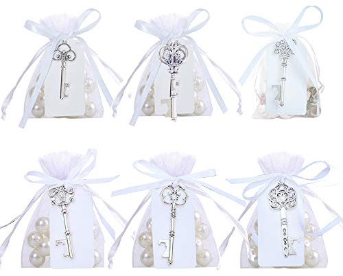 Bodosac Awtlife Lot de 30 décapsuleurs en forme de clé vintage avec pochette transparente pour cadeaux de mariage, décoration de fête, 6 styles