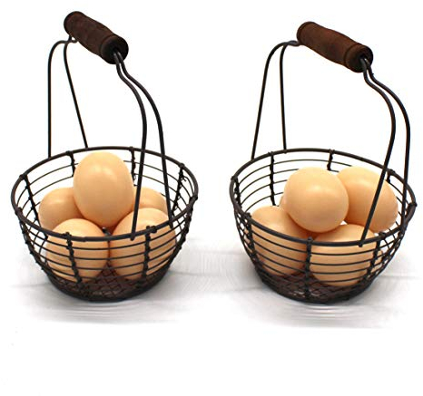 CVHOMEDECO. Metal Wire Mini Egg Baskets Rust Gathering Baskets with Wooden Handle Country Vintage Style Storage Baskets. Set of 2