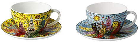 2er Set James Rizzi Pop Art Tassen mit Untertasse 250ml blau + gelb Goebel