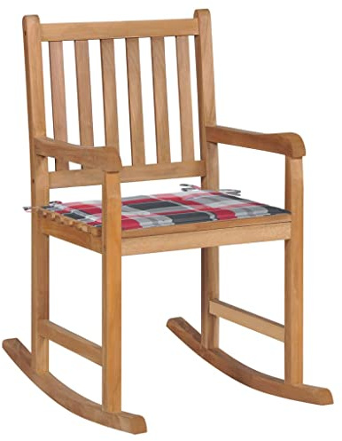 vidaXL Teak Massiv Schaukelstuhl mit Rotem Karomuster-Kissen Schaukelsessel Gartenmöbel Stuhl Sessel Relaxstuhl Schwingsessel Gartenstuhl Holzstuhl