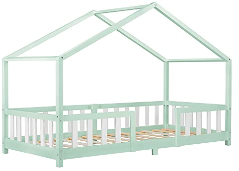 [en.casa] Letto per Cameretta a Forma di Casetta con Barriera di Protezione Letto Singolo per Bambini Struttura in Legno di Pino 90 x 200 cm Menta Verde/Bianco