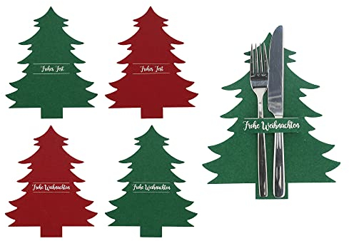 Annastore 6 x Besteckhalter aus Filz in Tannenbaum-Optik - Bestecktaschen Weihnachten (bordeaux/grün)