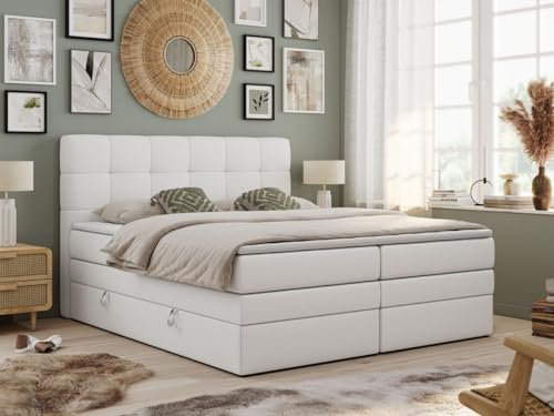 MKS MEBLE King Boxspringbett 140x200 cm, Polsterbett mit 2 Bettkästen, Bett mit Multipocket-Matratze H3, inkl. Topper T25, Kopfteil - Luka - Weiß Kunstleder