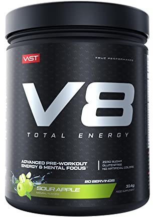 V8 Total Energy – Pre Workout Booster – Trainingsbooster – CarnoSyn®, BetaPower®, natürliches Koffein – Vegan – Zuckerfrei – 20 Portionen – Made in Germany – Sour Apple
