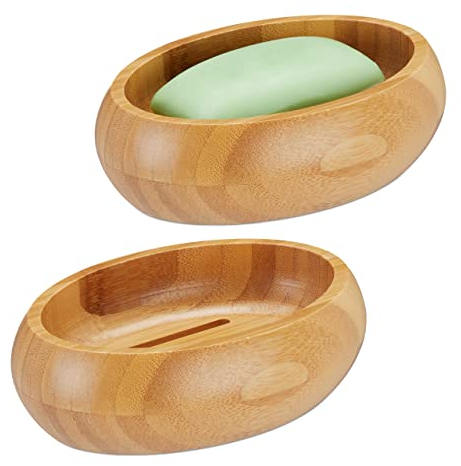 Set 2 Jaboneras Bambú,con Escurridor, Resistentes Humedad, Bandeja Pastilla Jabón Ovalada, 4,5 x 14 x 10 cm, Natural