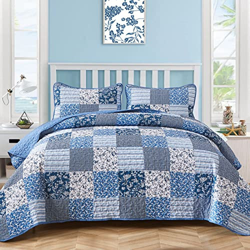 Mybedsoul Blue Boho Quilt Set King Size,3 Pieces Plaid Floral Bedspread Coverlet Set for All Season,Patchwork Reversible Bedding Set King 90x104