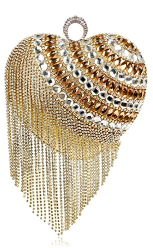 Bysonglezai Frauen Herz Quaste Abend Taschen Weibliches Kleid Perlen Bankett Clutch mit Ringkette Schulter Handtaschen Geldbörsen Metallgriff Gold