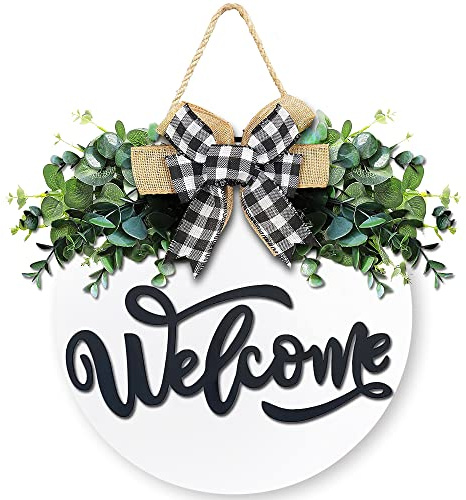 White Welcome Sign for Front Door, 12 Inch Round Wood Wreath