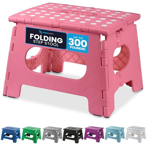 Handy Laundry - Folding Step Stool, Sturdy for Adults, Safe for Kids, Opens Easy with One Flip - Great for Kitchen, Bathroom or Bedroom (Pink - 9 Inch)