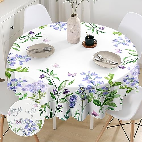 G-dake Round Tablecloth Wipeable, Purple Floral Circular Table Cloth Waterproof Wrinkle and Stain Resistant Polyester Table Cover for Kitchen Dinner Picnic Party Outdoor (150cm)