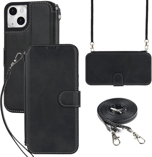 ELTEKER Hülle für iPhone 14 Klapphülle,Handyhülle iPhone 14 mit Umhängeband und Kartenfach,Perfekt Schutz Case mit Ständer Handytasche Lederhülle,Schwarz