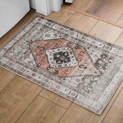 OMERAI Waschbarer Wohnzimmer Teppich Kurzflor Teppich Boho Schlafzimmer Teppich für rutschfest Orange Vintage Teppich 60x130CM