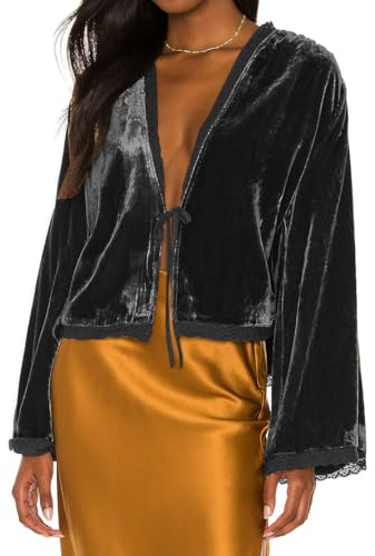 R.Vivimos Autumn Winter Velvet Jackets For Women Warm Long Sleeve Casual Cropped Jacket Collarless Lace Short Cardigan(Medium,Black)