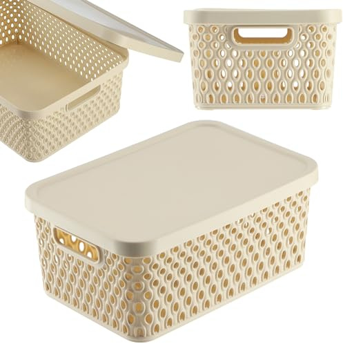 KADAX Aufbewahrungskorb, Korb mit Deckel, Aufbewahrungskiste, Aufbewahrungsbox aus Plastik, Moderner Regalkorb, Behälter mit Lüftungslöchern (4,5L, Beige)