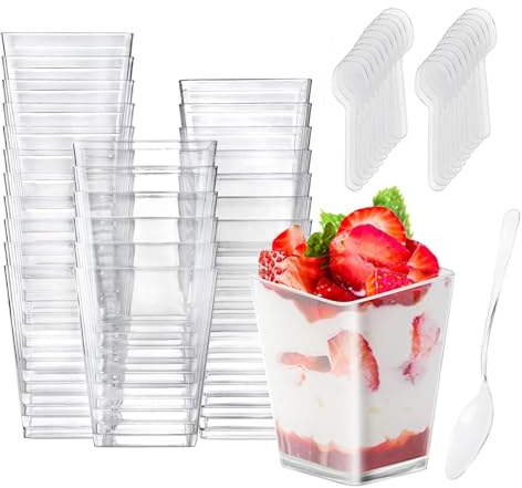 URHELP Square Dessert Cups 160ml/240ml 50 Pack with Spoons, Clear Dessert Bowls, Reusable Square Trapezoid Pudding Shots Cups (160ml)