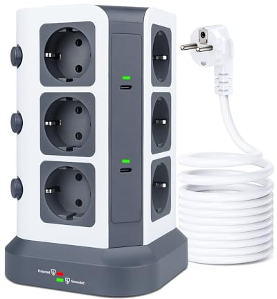KOOSLA Mehrfachsteckdose mit USB C(3680W/16A), 12 Fach Steckdosenleiste Überspannungsschutz [1500J], Steckdosenturm einzeln schaltbar ideal für Büro Tisch Zuhause, 5M Verlängerungskabel, Grau