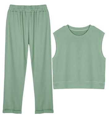 REORIA Damen Baumwolle Trainingsanzüge einfarbig Rundhalsausschnitt ärmelloses Top und kurze Hosen Jogginganzug Zweiteiler Overall Outfits Grau Grün L