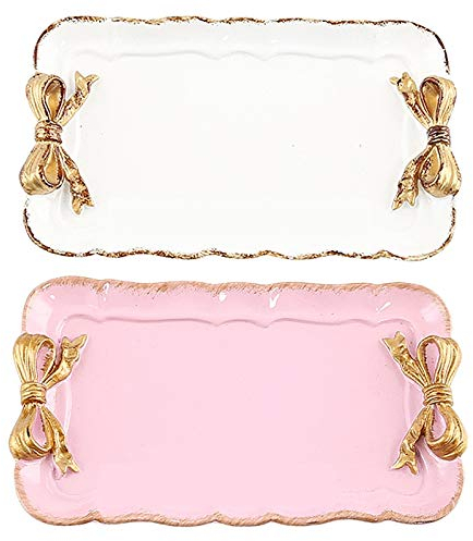 Pyugxab Set di 2 vassoi portaoggetti in stile europeo con per torte, organizer per trucco, piatto da dessert, vassoio quadrato , vassoi da cucina 12 x 20 cm, 1 set e 1 set rosa