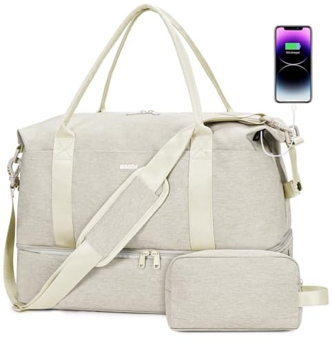 WANDF Handgepäck Tasche für Easyjet Airlines 45 x 36 x 20cm, Untersitz-Reisetasche mit USB-Ladeanschluss, Nasstasche und Schuhfach, Wochenendtasche für Damen und Herren (Beige)