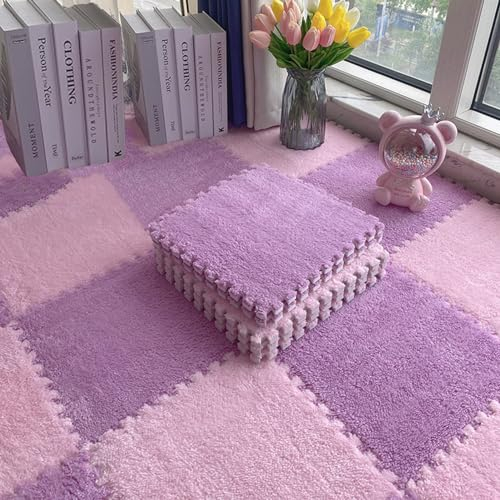 4 Stück Weiche, Flauschige Teppichfliesen, Ineinandergreifende Spielmatte, Plüsch-Puzzle-Schaum-Bodenmatte Für Wohnzimmer, Schlafzimmer, 30x30 Cm(Size:0.23 Inch,Color:Purple+Pink)