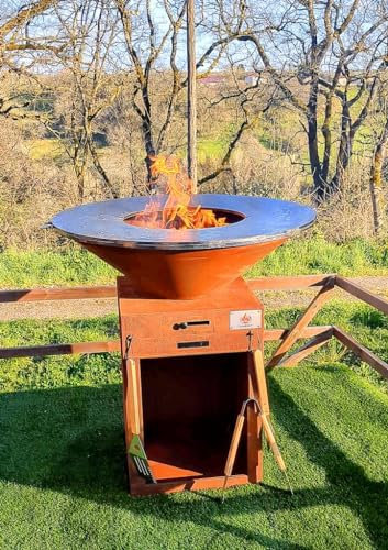 Brasero Barbecue Plancha LABREZZ, Foyer Extérieur à Bois avec plancha et Grille en diametre 85 cm. Grillades, Exterieur,tiroir à Cendre, Grille reglable 5 Positions