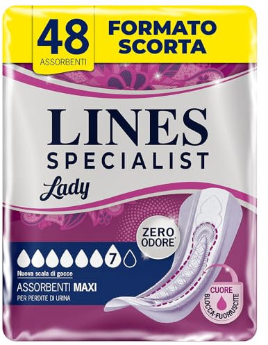 Lines Specialist Lady Maxi, Assorbenti per Incontinenza Donna, con Tecnologia Zero Odore e Barriere Laterali Protettive, Scorta Mensile, 4 Confezioni da 12 Unità