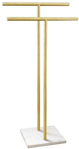 40 Inch Standing Towel Rack for Bathroom Floor Double-T Shape Bath Sheet Holder with Marble Design Base Towel Rack Freestanding Next to Tub or Shower Towel Holder Stand SUS304 Brushed Gold