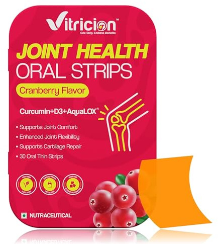 Vitricion Joint Health Oral Strips | 30 Oral Strips | Curcumin, Vitamin D3, AquaLOX | Supports Joint Comfort & Flexibility | Cranberry Flavour | Fast Dissolving Supplement Strips, No Water Needed