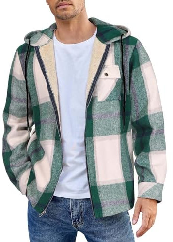 JUZILO Herren Flanellhemd Jacke Dicke Warme Hemdjacke mit Tasche Holzfäller Jacke Gefüttert Langarm Kariertes Hoodie mit ReißVerschluss