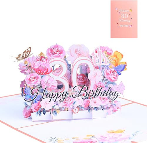 FloraVigo Geburtstagskarte, Pop-up-Karte Jahrestag,Blume Pop Up Grußkarten, 3D Pop Up Karte Geburtstag (Geburtstagskarte zum 80. Geburtstag)