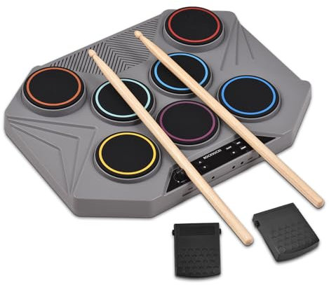 Funien Set di batteria elettronica da tavolo Altoparlante incorporato da 3 W Kit di batteria digitale portatile 7 zone di attacco Sensibilità della batteria regolabile con pedali Bacchette per batteri