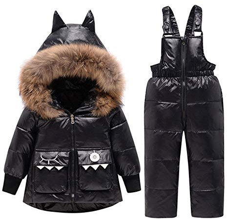 vejtmcc Juego de 2 baberos para niña, chaqueta, pantalones, dibujos animados, con capucha, abrigo, traje de nieve y ropa de niña y chaqueta polar para mujer, Negro , 3-4 Años