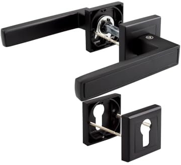 VERAMET® Poignée de porte - Noir mat - Rectangulaire - Poignée de porte - Poignée de porte avec rosace avec trou cylindrique - Poignée de porte PZ - Cylindre profilé