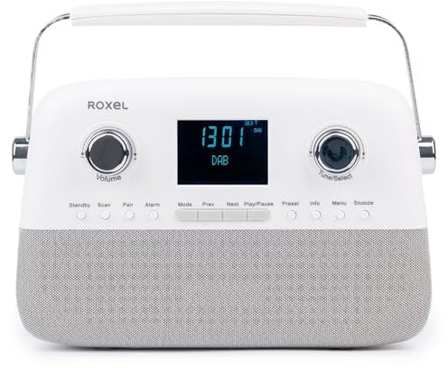 Roxel Retro D2 DAB and FM Radio – 5W Wireless BT Speaker, USB Playback, AUX, Alarm Clock, 30 Preset Stations, Portable Design, Rechargeable Battery, Telescopic Antenna, LCD Display (White)