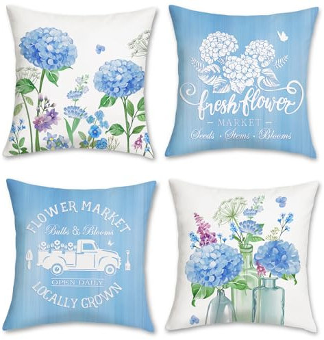 Bonhause Federe per Cuscini Estate Fiore 45 x 45 cm Copricuscini Decorativi Ortensia Fiore Viola Blu Federa per Cuscino Divano Letto Casa Decorazione Set di 4