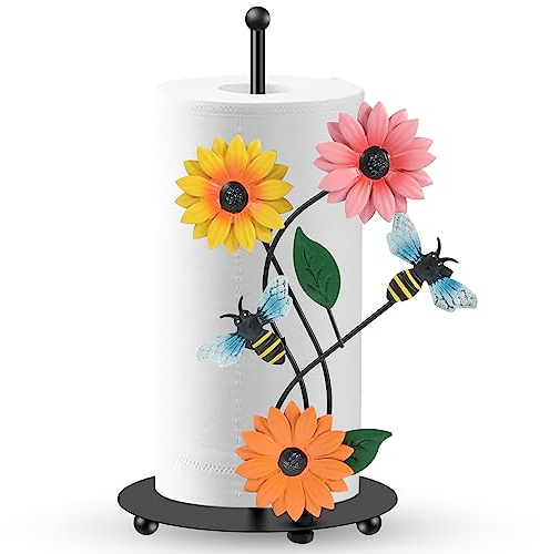 Kitchen Roll Holder Sunflower Paper Towel Holder Free Standing Black Iron Kitchen Towel Stand Non Slip Countertop Organizer Vintage Farmhouse Home Decor(Bee)