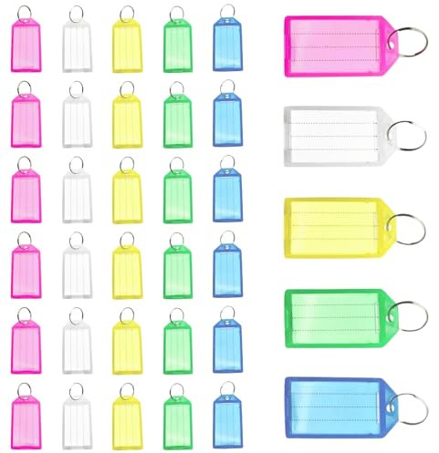 KEYRI 35 Stück Schlüsselanhänger, Schlüsselschilder Beschriften Bunte Kunststoff Schlüsselanhänger zum Beschriften mit Split Ring Label Fenster Koffer Namensschilder für Schlüssel Gepäckstücke (35)