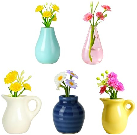 Renmxj 5 Pcs Cute Mini Ceramic Vase Fridge Magnets with Artificial Flowers | Funny Tiny Vase Magnet for Fridge Decorative, Office, Kitchen, Locker, Whiteboard