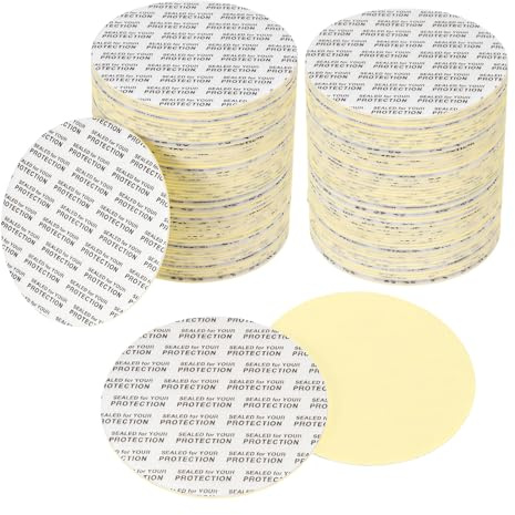 PATIKIL 63mm/2.48 Foam Lid Liner 120pcs Adhesive Round PS Pressure Sensitive Seals, Cap Liners Resistant Tamper for Plastic Glass Jar Bottle Cap Canning Vials Seals Black Text, White