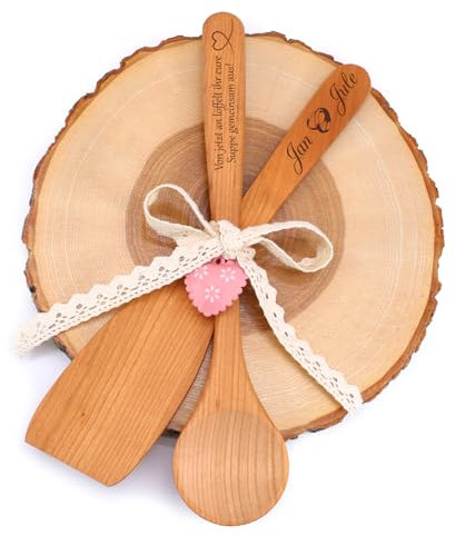 Dekolando Personalisiertes Kochlöffel-Set zur Hochzeit – Graviertes Kirschholz – Braut & Bräutigam Namen auf Pfannenwender – Spruch auf Löffel – Geschenk zur Hochzeit, Verlobung